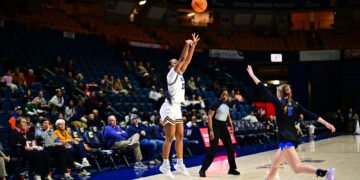Ava Card of the Chattanooga Mocs shoots a three pointer, in the win over Southern Wesleyan. (Photo Courtesy of Chattanooga Athletics)